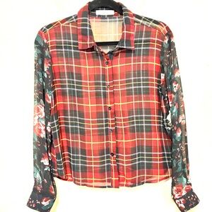 Sans Souci sheer floral plaid button down top blouse Size medium